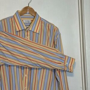 Linea Dome Chemise Mens XXL Orange Blue Striped Button Down Cotton Shirt 18.5-19